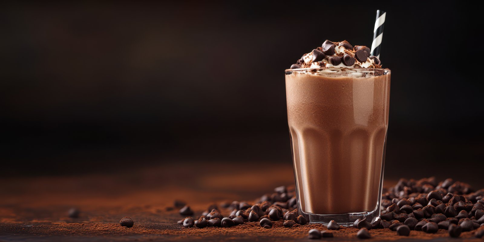 Delicious chocolate milkshake topped with whipped cream and chocolate chips in a stylish glass with a striped straw